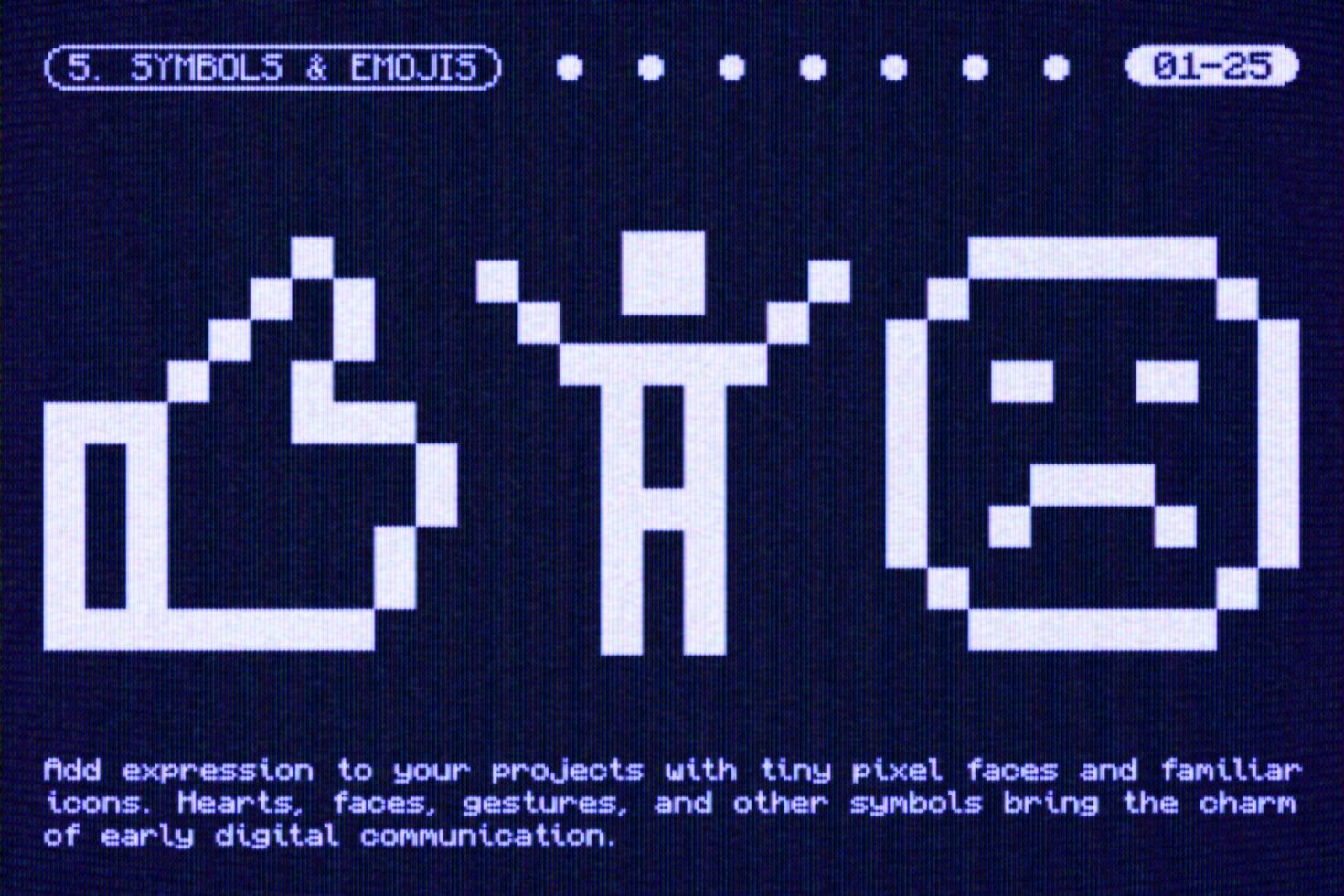 Retro pixel art symbols, emojis, hearts, faces with that charming 8-bit vibe