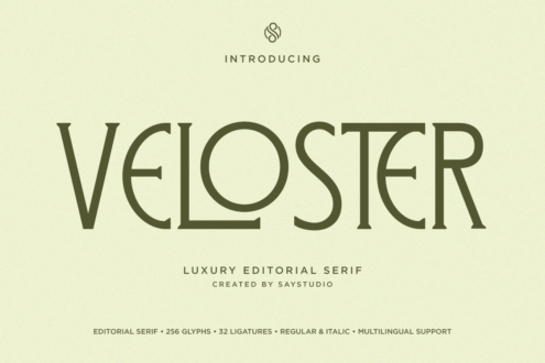 Veloster serif font display with olive green letterforms on cream background, showing luxury editorial typeface intro