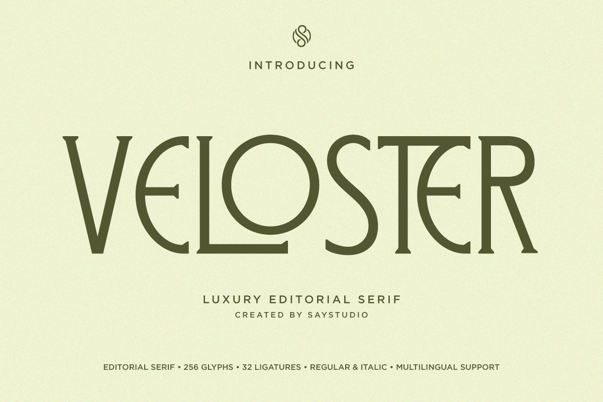 Veloster serif font display with olive green letterforms on cream background, showing luxury editorial typeface intro