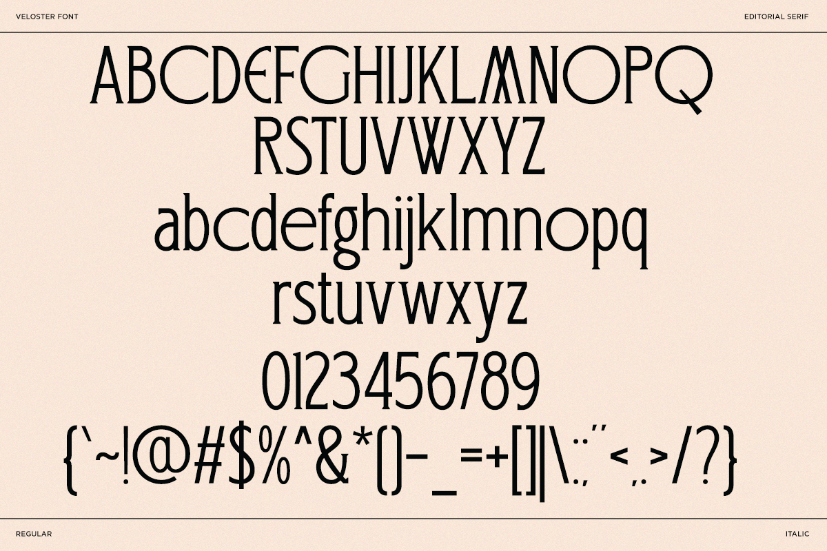 Veloster font showing uppercase, lowercase, numerals plus special characters in serif style
