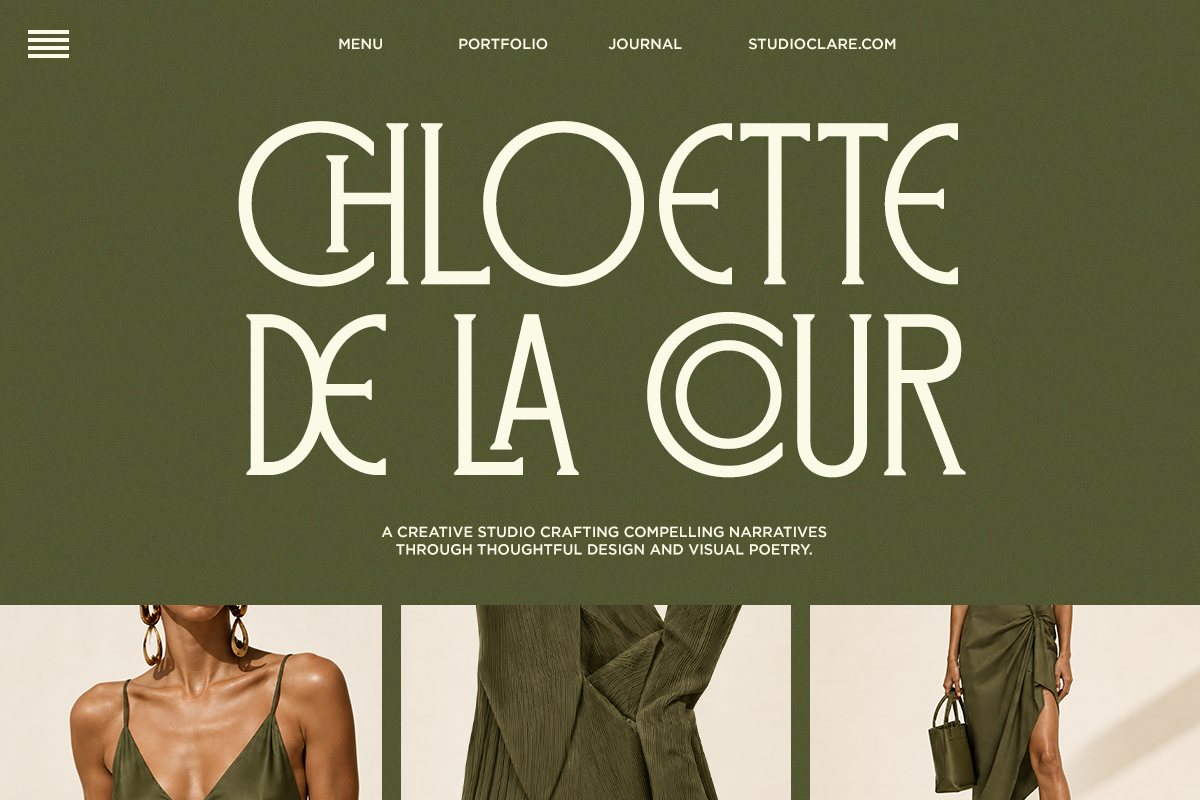 Elegant serif typography on olive background with fashion photography below showing styled clothing details
