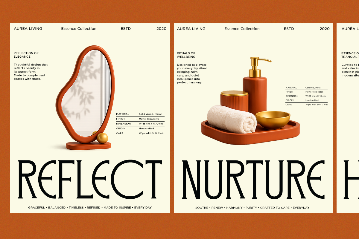 Two product mockup cards for Aurea Living's Essence Collection with terracotta homeware designs displayed on cream backgrounds