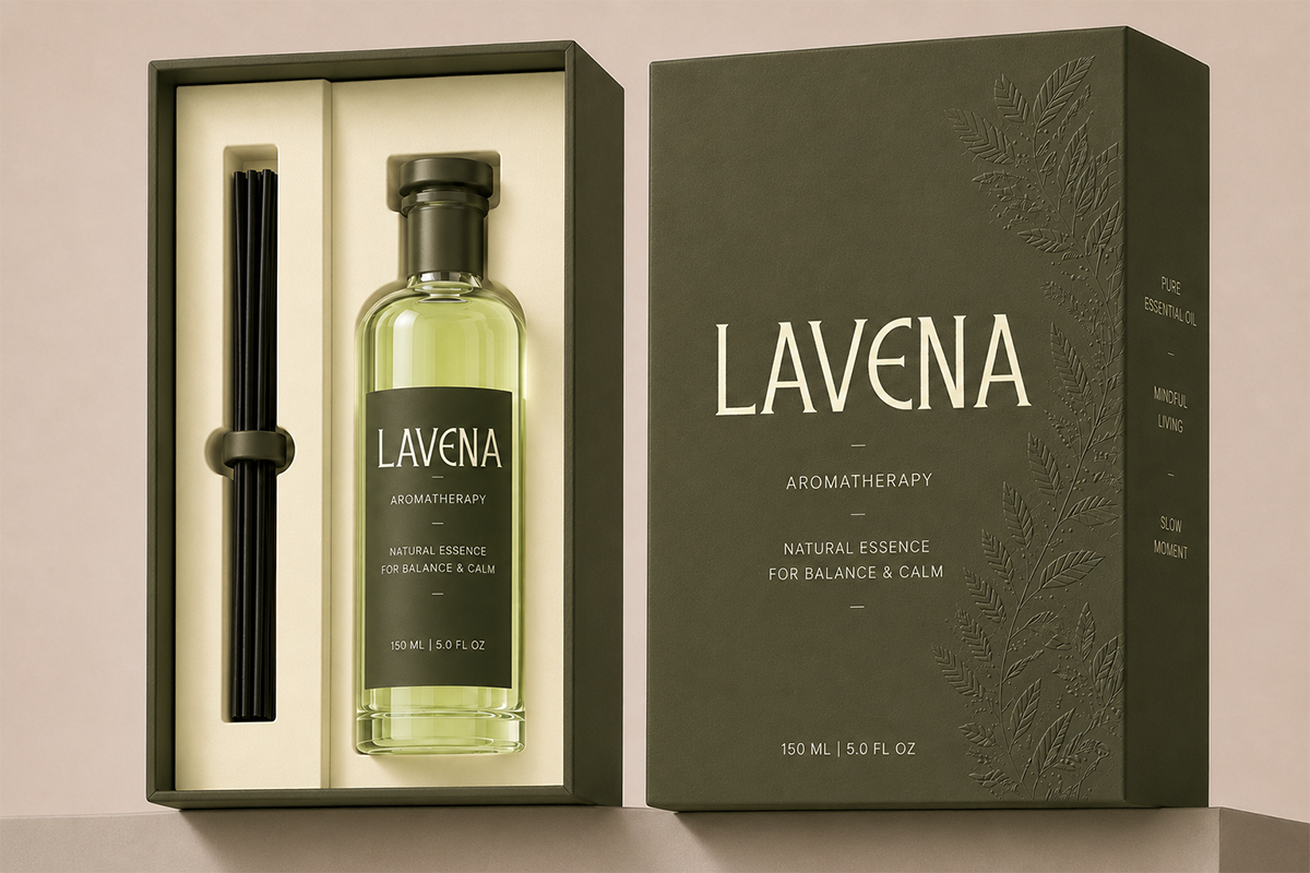 Luxury lavender aromatherapy gift set mockup with olive box, diffuser sticks, oil bottle
