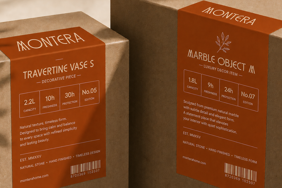 Two rust-orange product boxes for Montera home decor sitting on neutral fabric with dramatic shadows