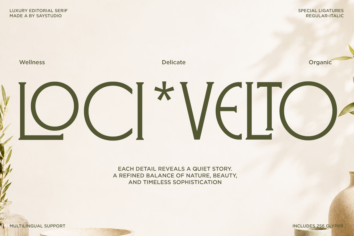 Loci Vellto serif font displayed with botanical elements on cream background