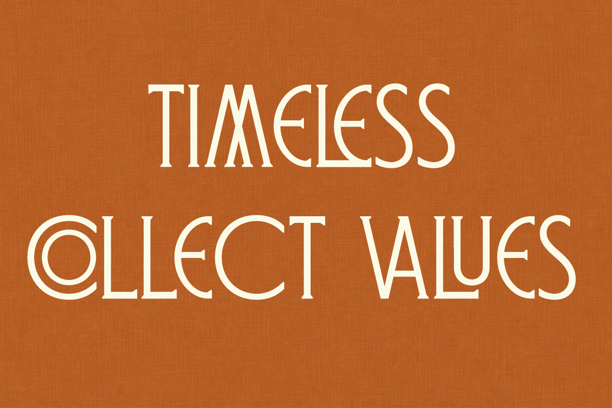 Timeless Collect Values outlined typography on burnt orange linen texture background