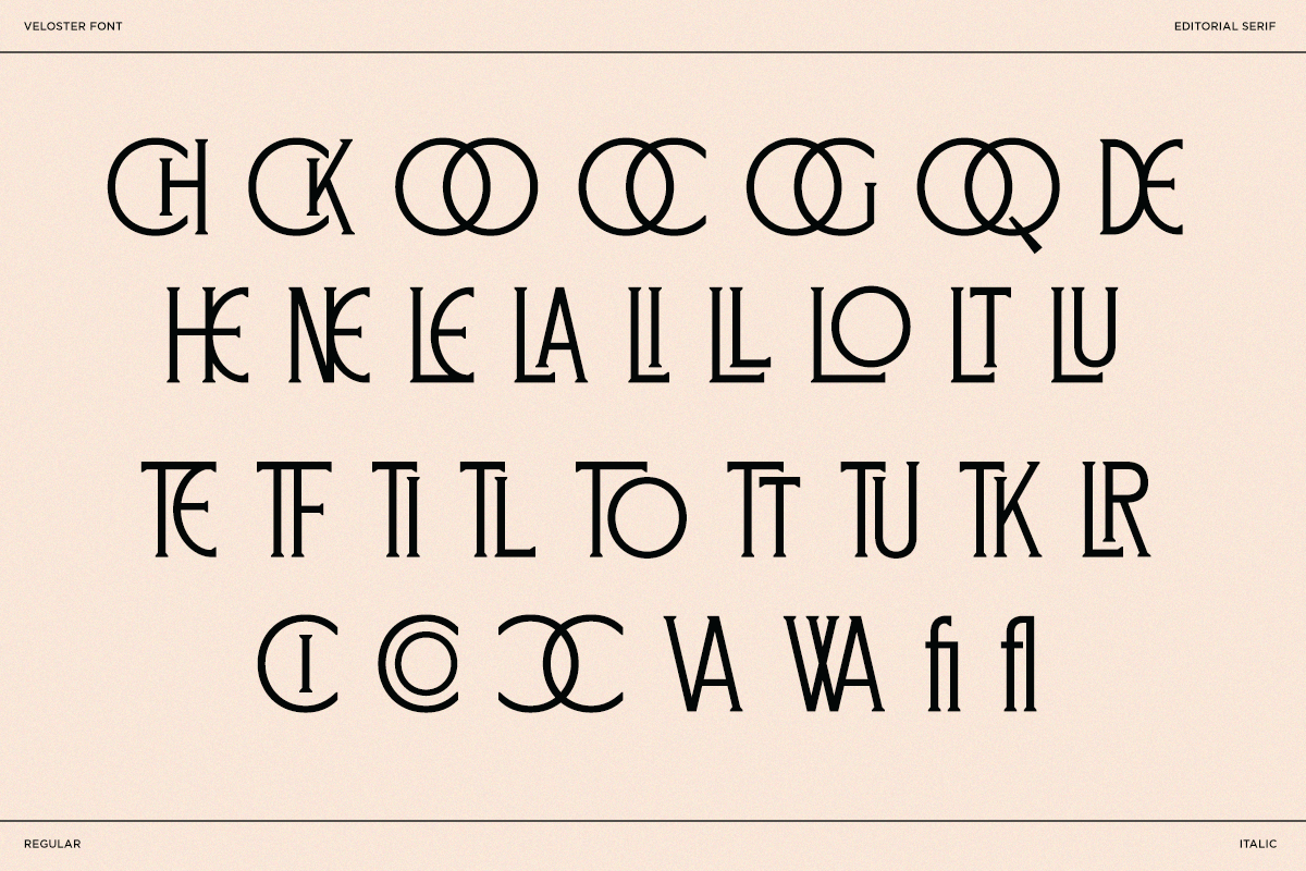 Veloster editorial serif font displaying full character set with decorative ligatures on cream background