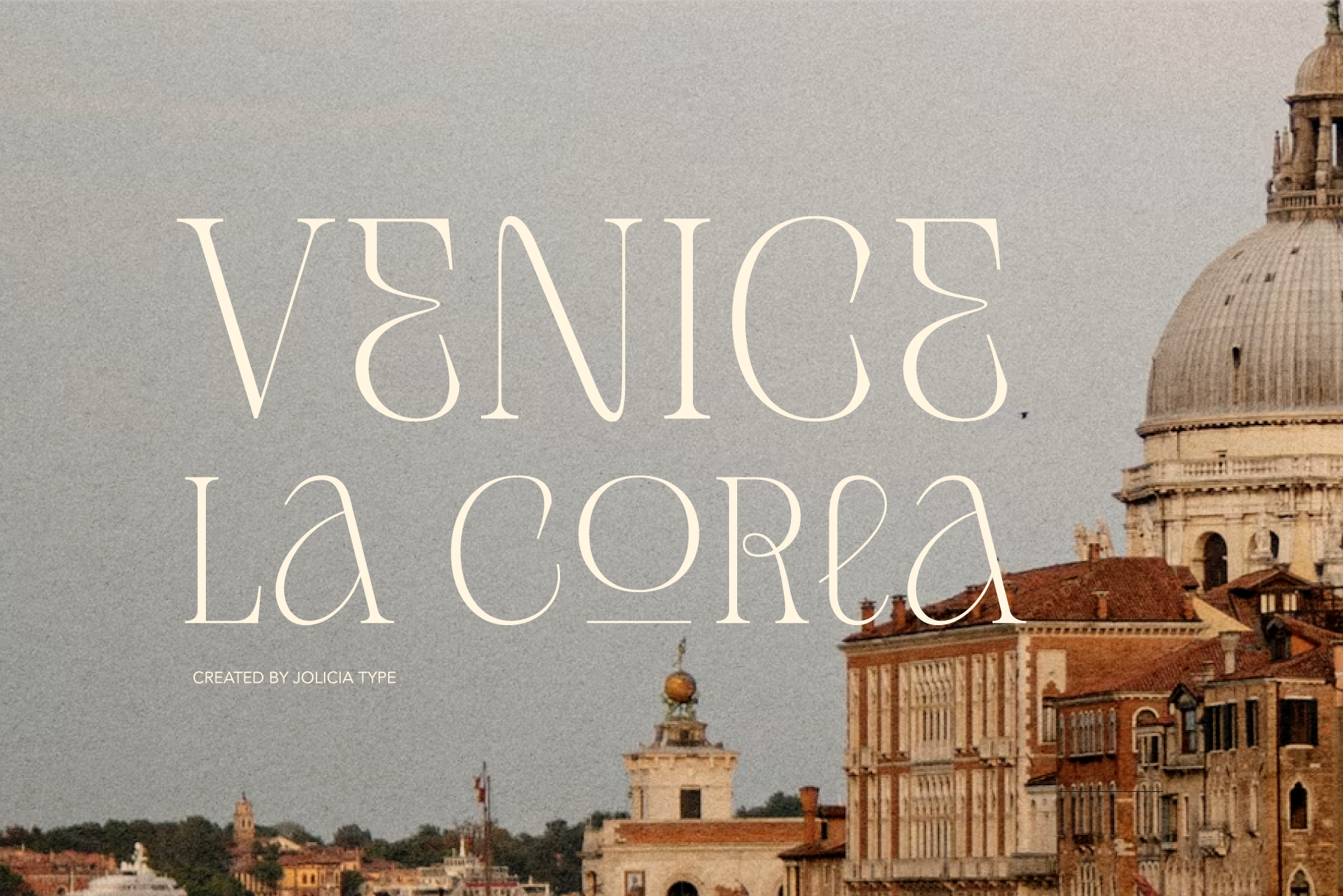 Elegant serif typeface overlaid on Venice architecture, cream text on muted landscape