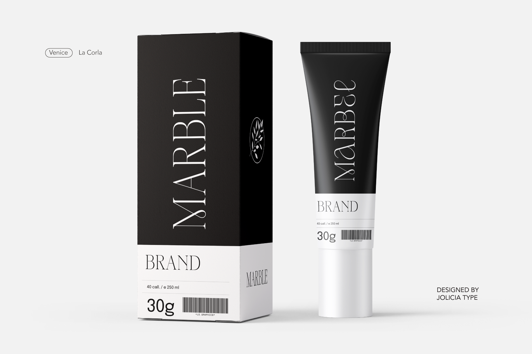 Luxury skincare packaging mockup with black box, tube, minimal branding in serif type