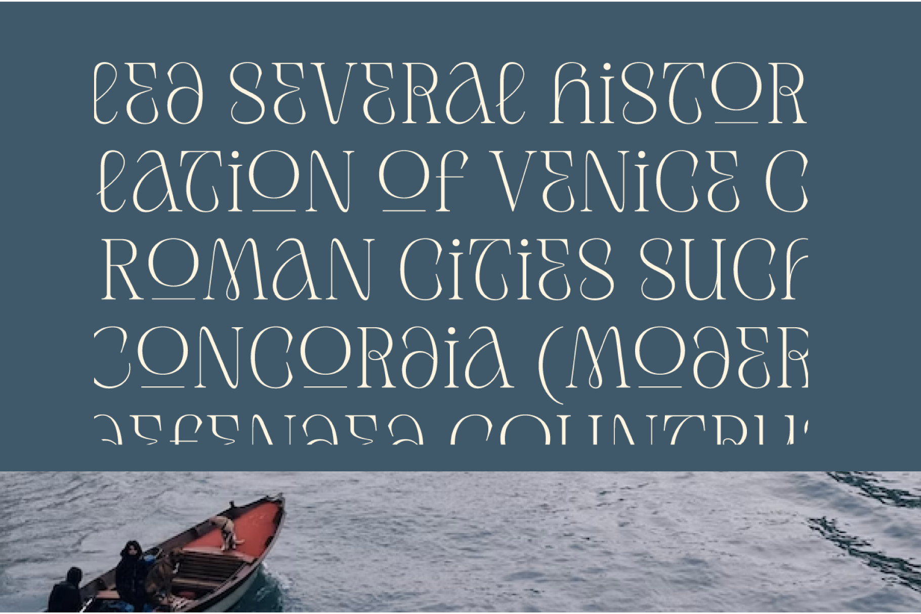 Elegant serif font overlay on Venice gondola photo with teal blue background