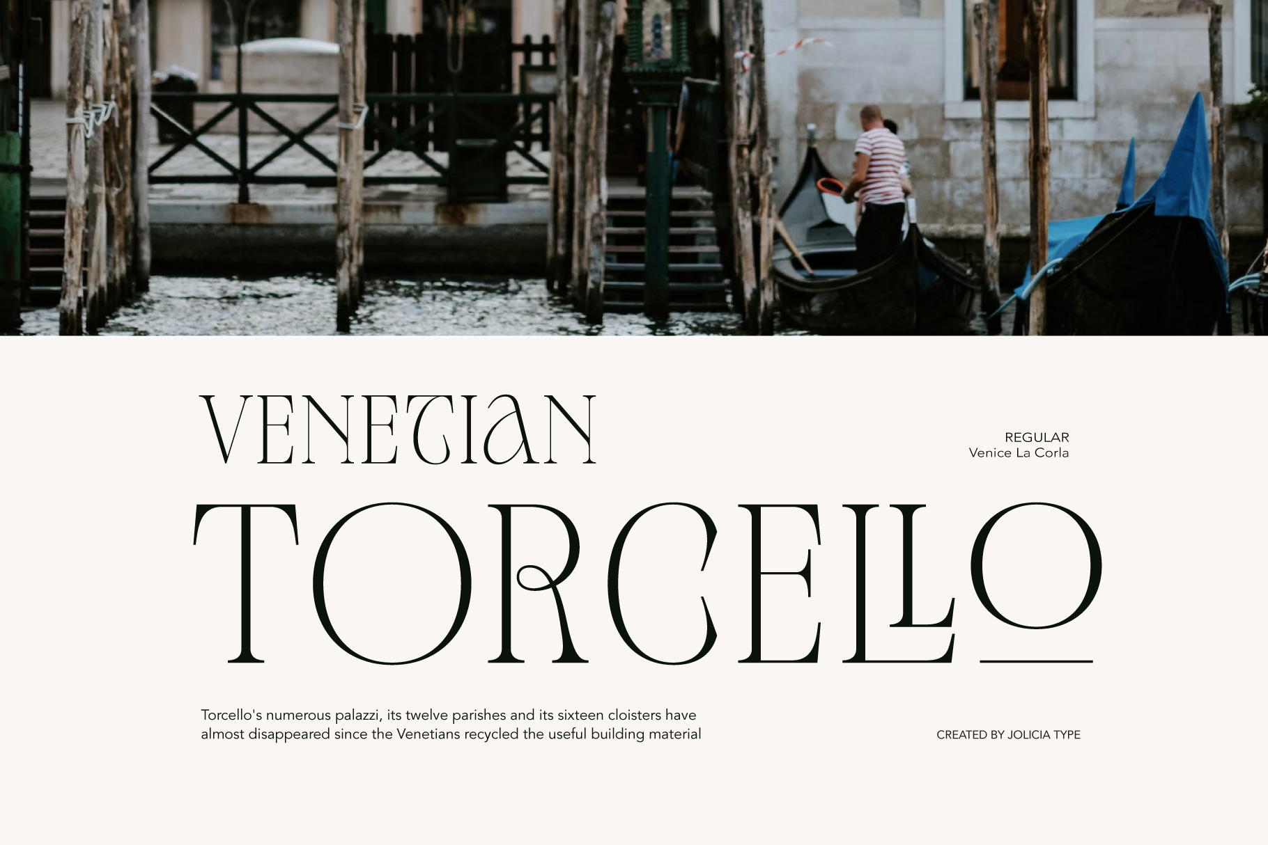 Venetian Torcello serif font displayed over moody Venice canal scene with gondolas