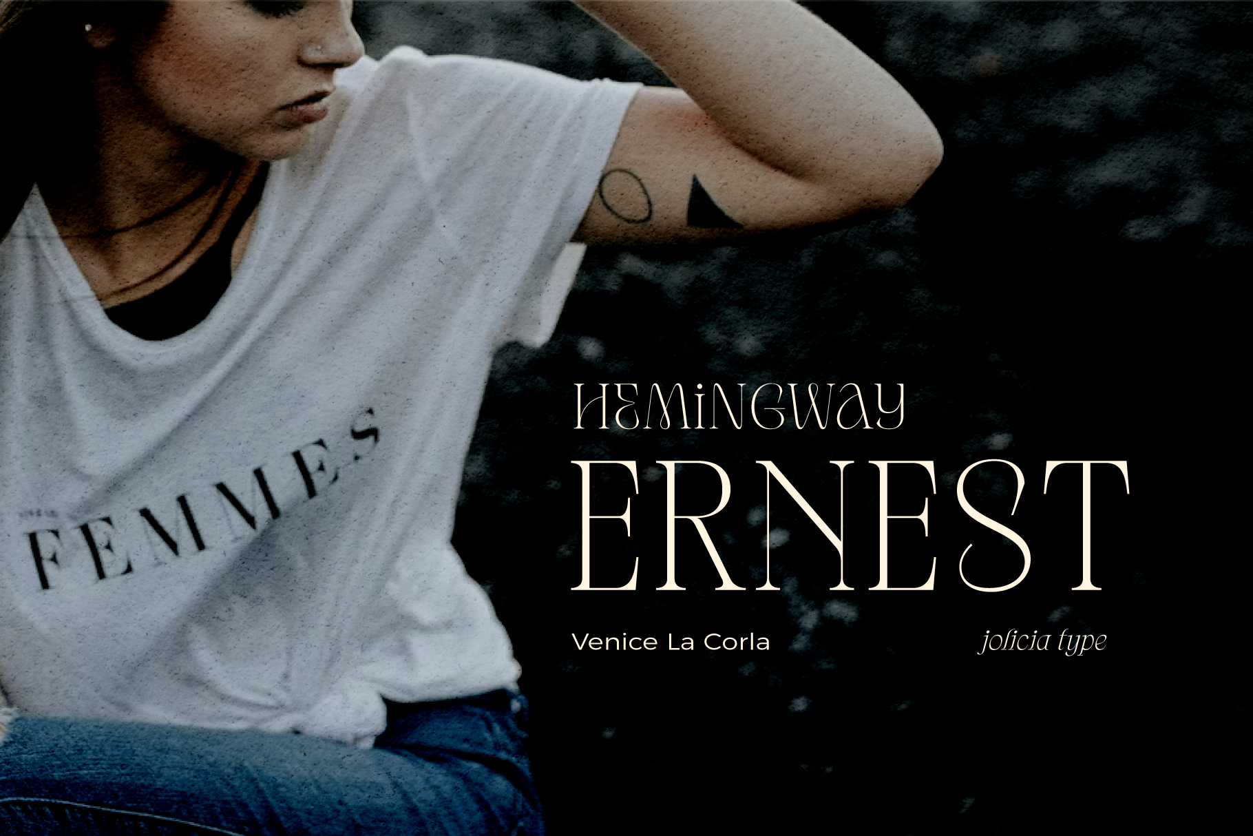 Person wearing white tee with text overlay displaying serif font styles in Venice La Corla