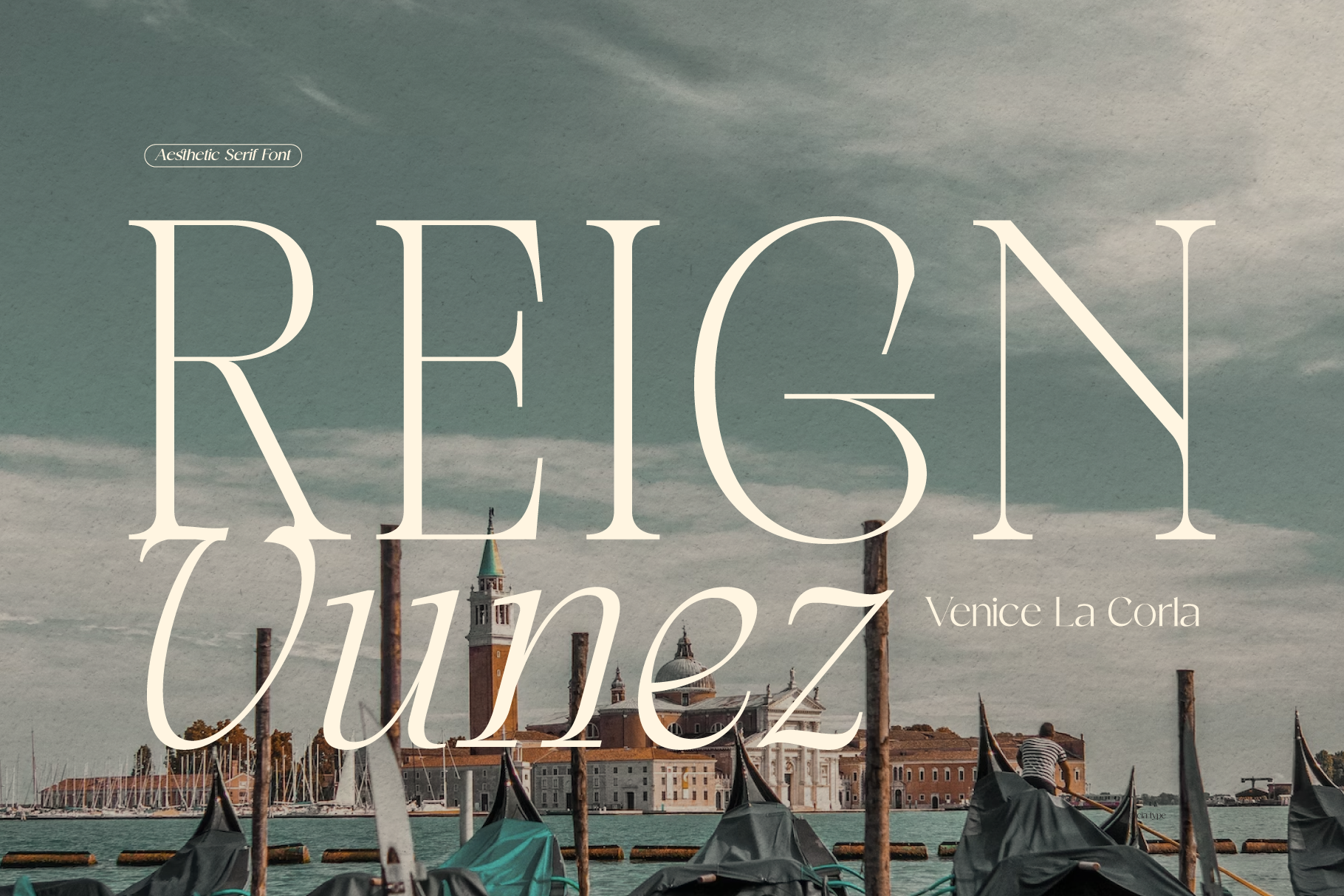 Elegant serif font overlay on Venice waterfront with gondolas, moody sky, historic buildings across the canal