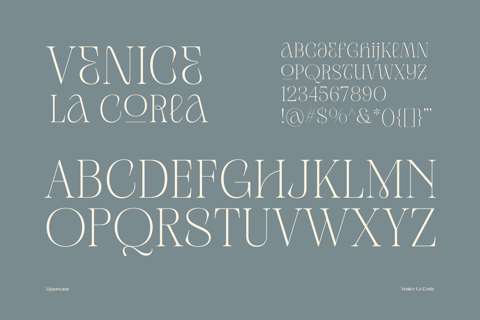 Venice La Corba serif font showing uppercase letters, numbers, symbols on muted blue