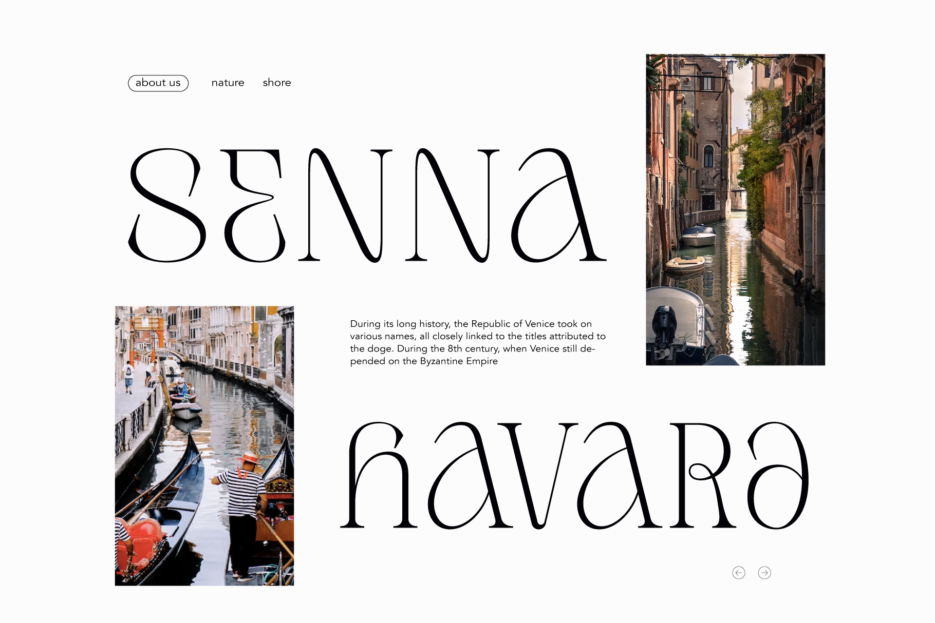 Senna Navara website mockup with Venice gondola photos, elegant serif typography