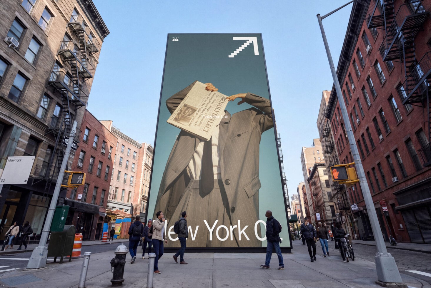 Retro billboard mockup showing figure holding newspaper on urban street with classic buildings