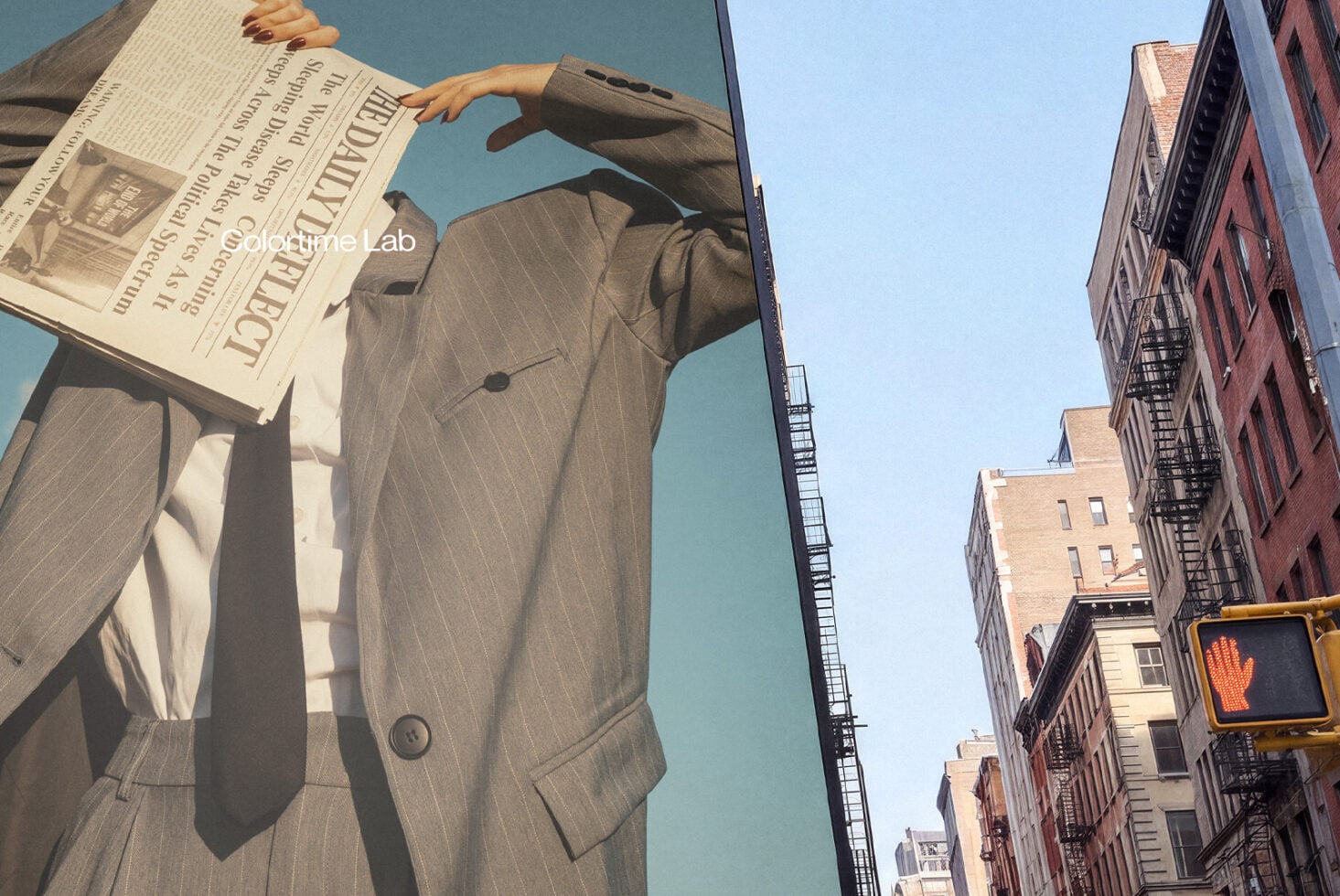 Person in suit holding newspaper on urban street with brick buildings