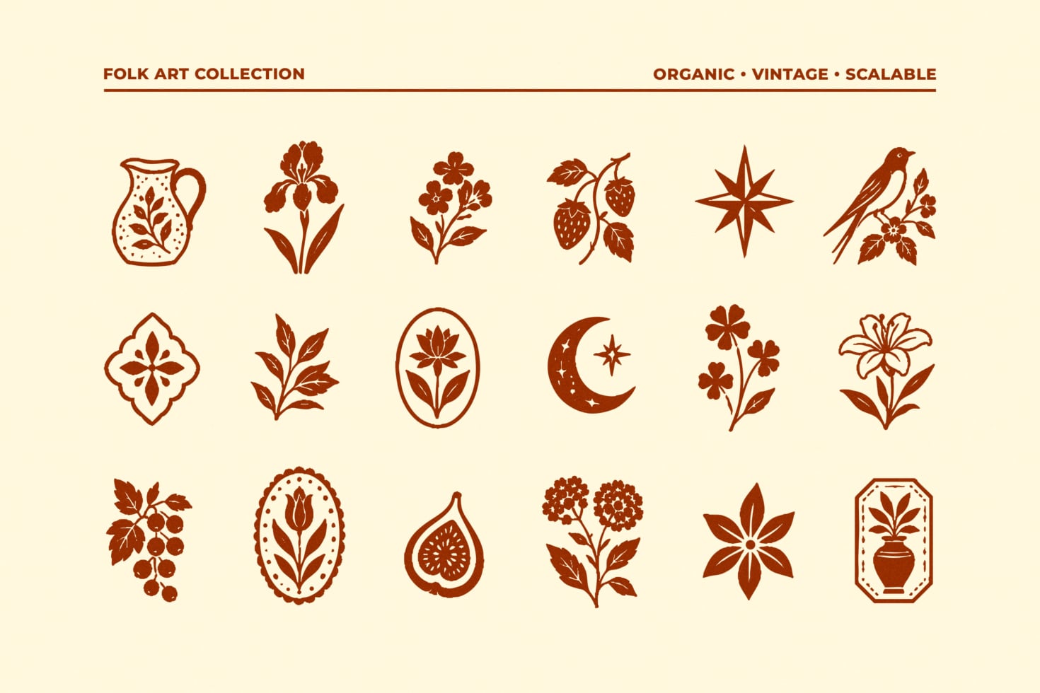 Earthy folk art icons with flowers, birds, moons, berries in rust brown silhouettes