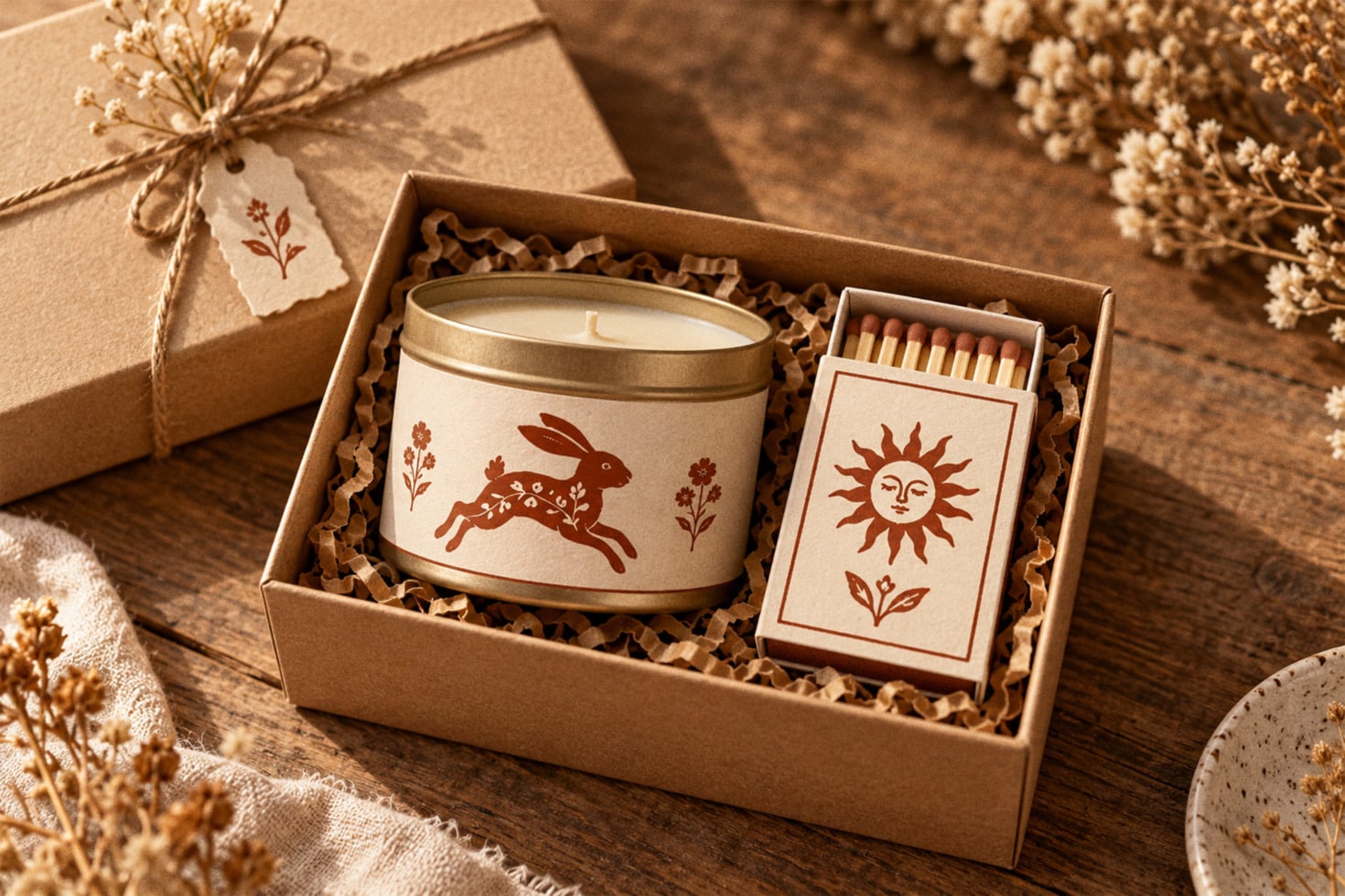 Kraft gift box with cream candle featuring jumping rabbit print, matchbox with sun design, dried flowers surrounding