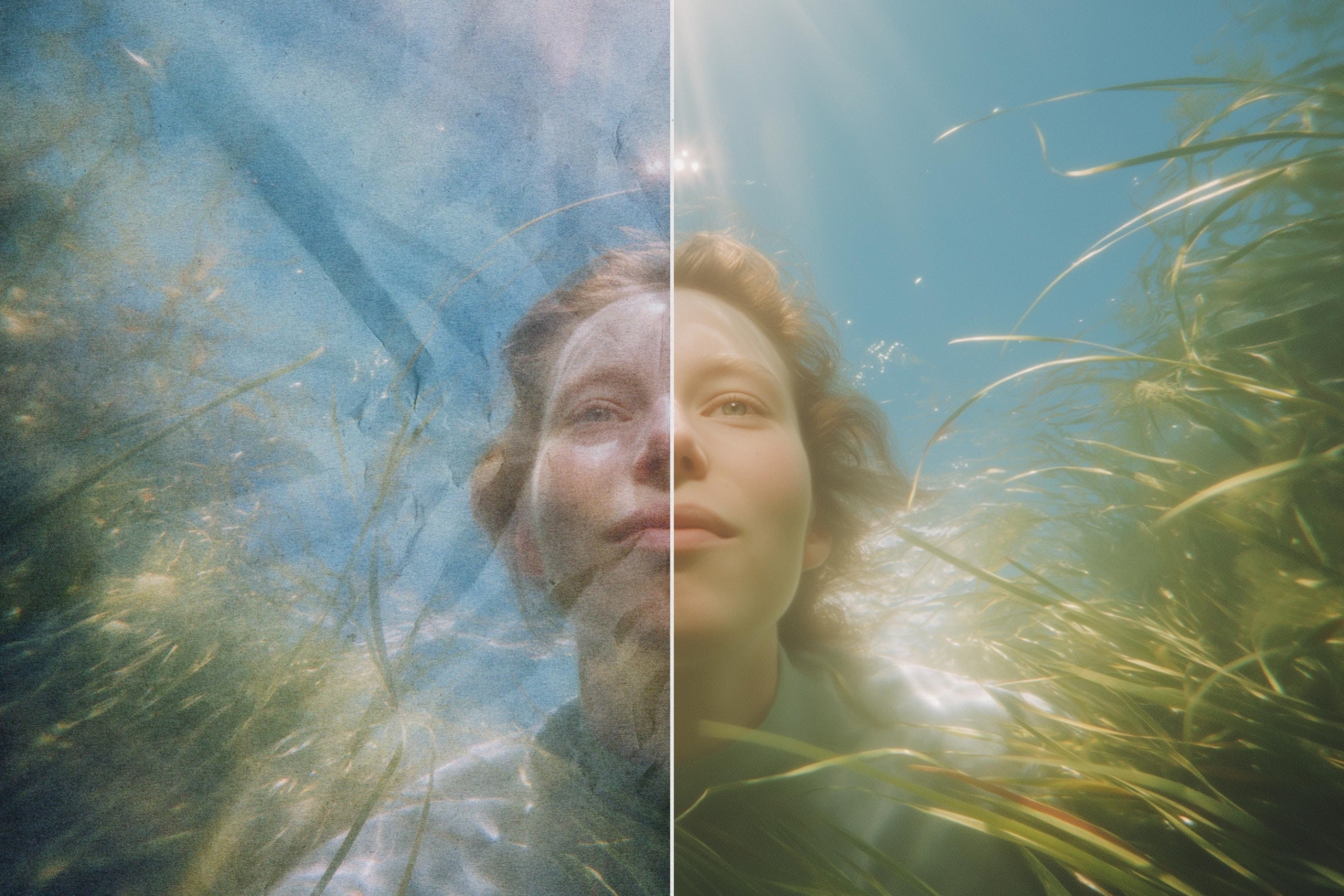 Dreamy double exposure with woman's face blended into underwater seagrass with soft blue tones