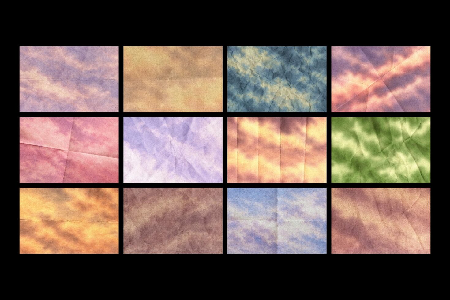 Grid of 12 soft watercolor textures in pastels, pinks, yellows, greens, blues with subtle fold lines
