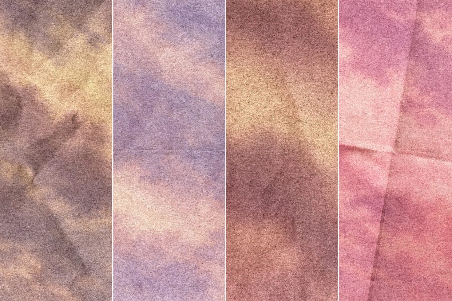 Soft watercolor texture pack with four vertical panels in warm golds, dusty purples, terracotta, plus blush pink tones