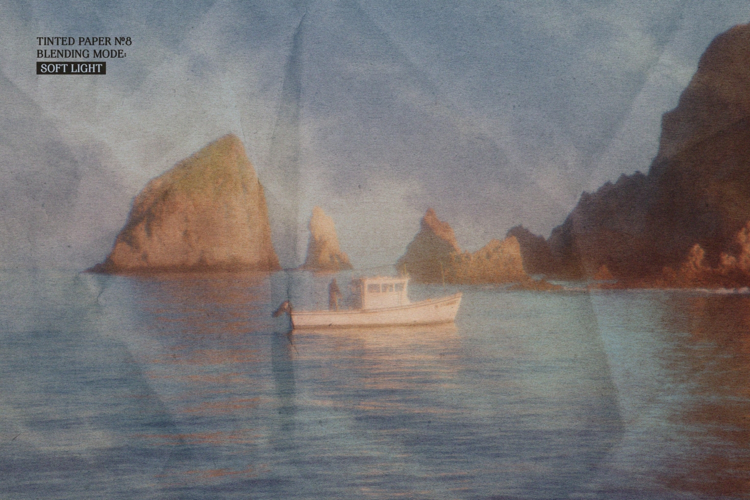 Misty coastal scene with fishing boat between rocky outcrops, soft light paper overlay effect
