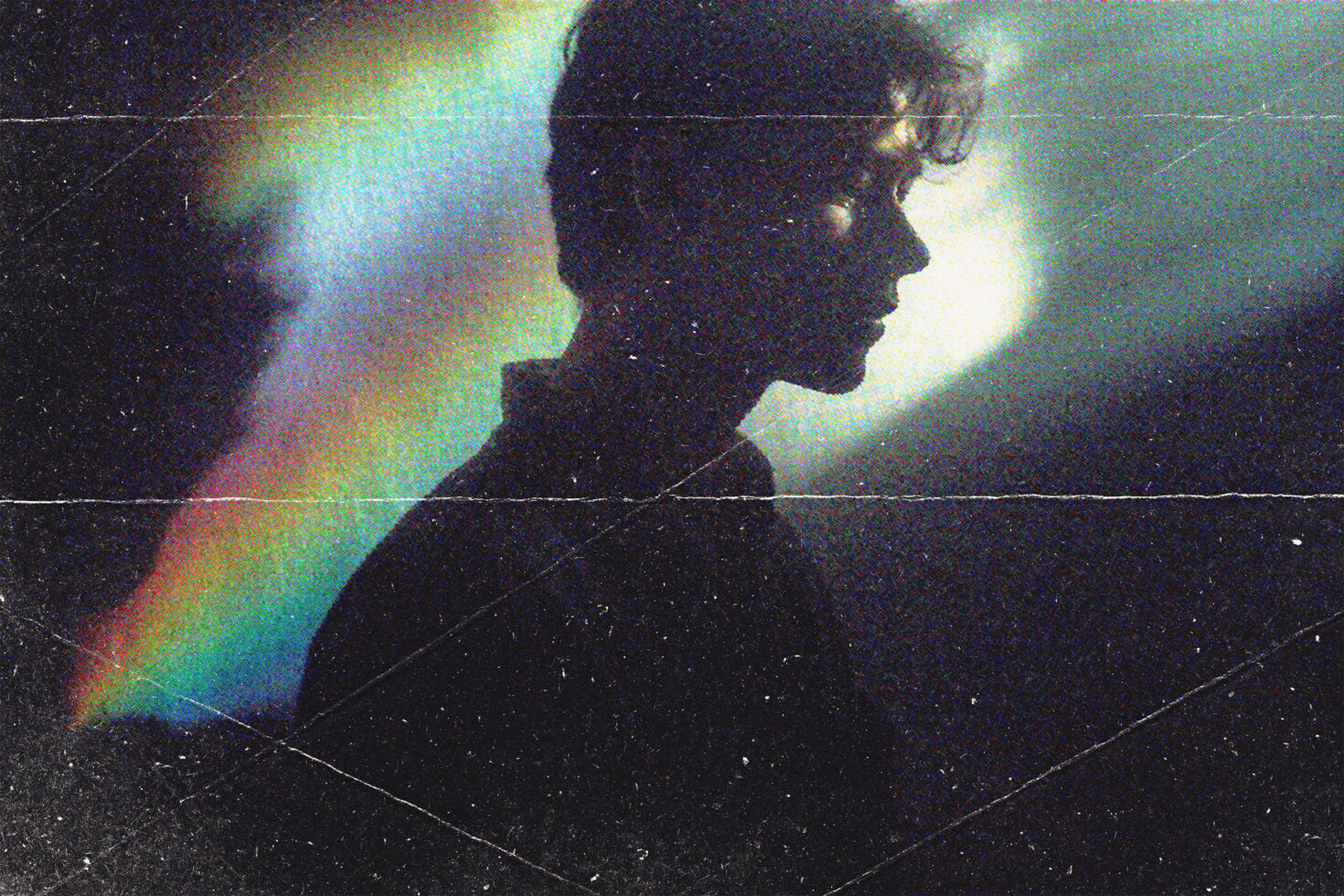 Silhouette profile with chromatic aberration, glitch effect, scan lines over dark moody background