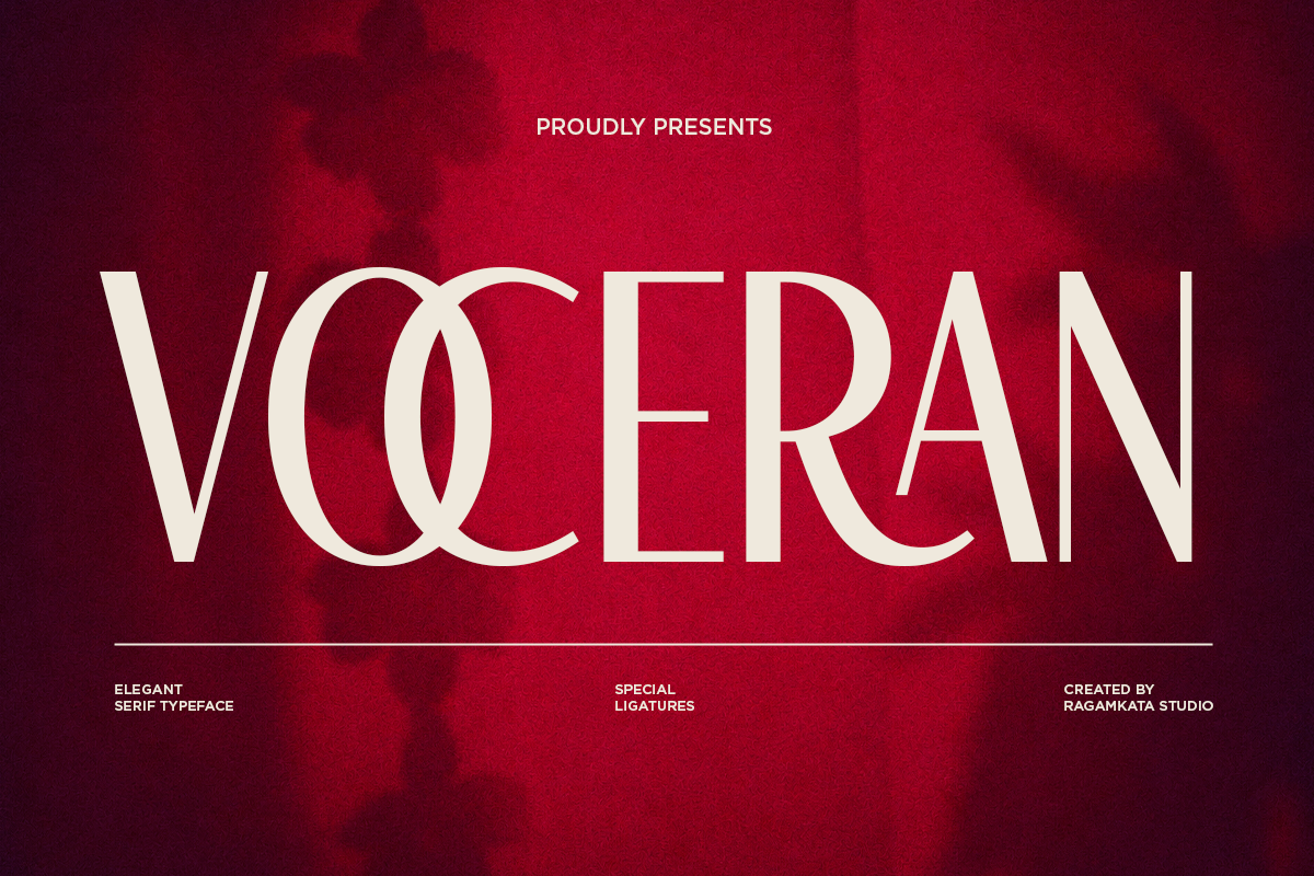 Voeran serif typeface with elegant ligatures on deep red textured background