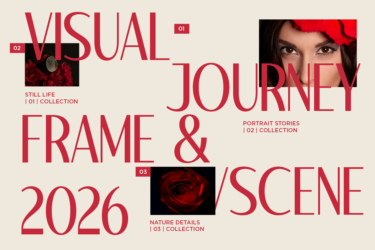 Bold red typography layout with three photo frames showing flowers, portrait, rose details