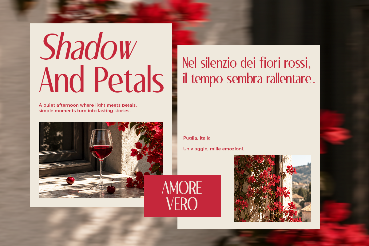 Red wine, roses, Italian countryside mockup with layered design cards