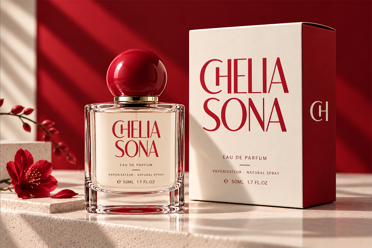 Luxury perfume bottle with red sphere cap next to cream box on marble with red flowers