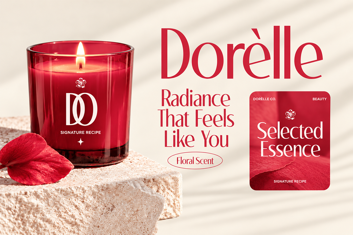 Red candle mockup with beauty brand packaging, floral petals, stone platform, luxury skincare branding