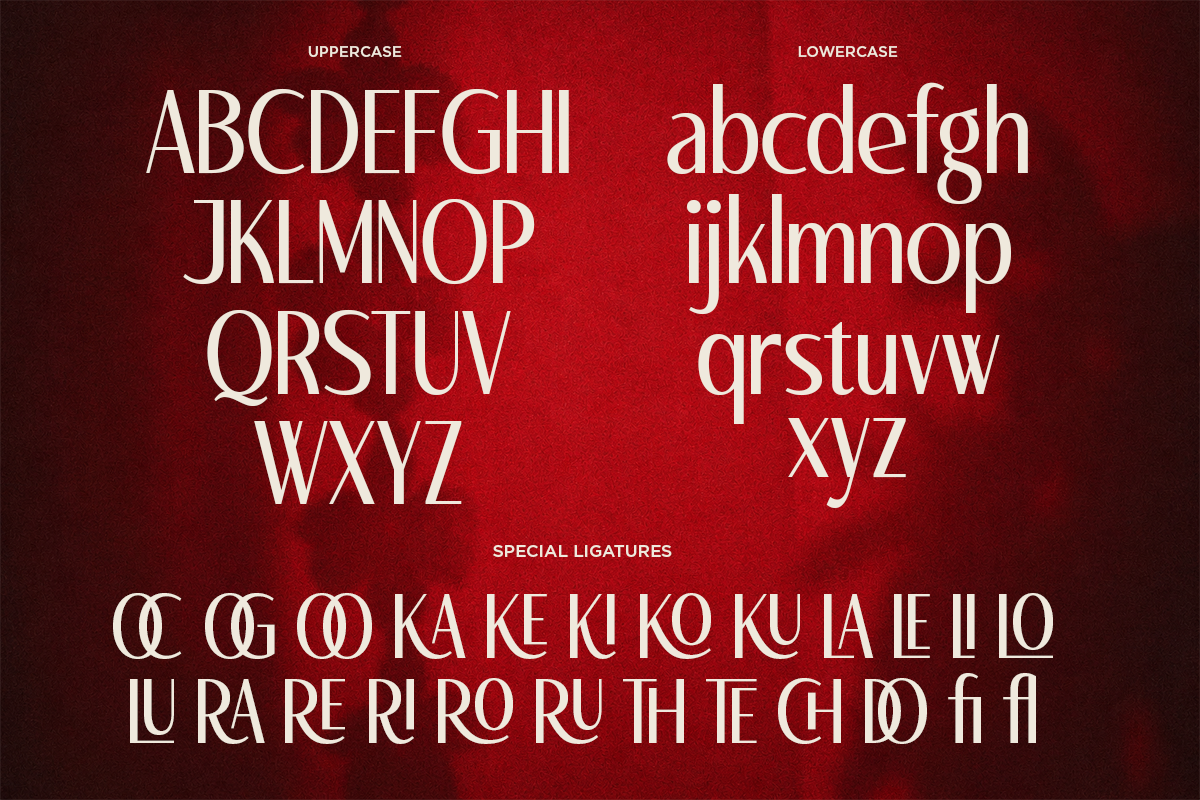 Elegant serif font with uppercase, lowercase, plus special ligatures on deep red background