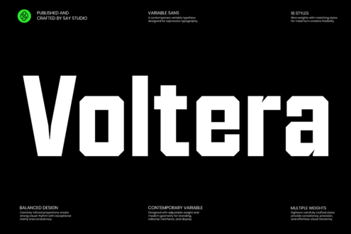 Volterra variable font in 18 weights displayed on black background