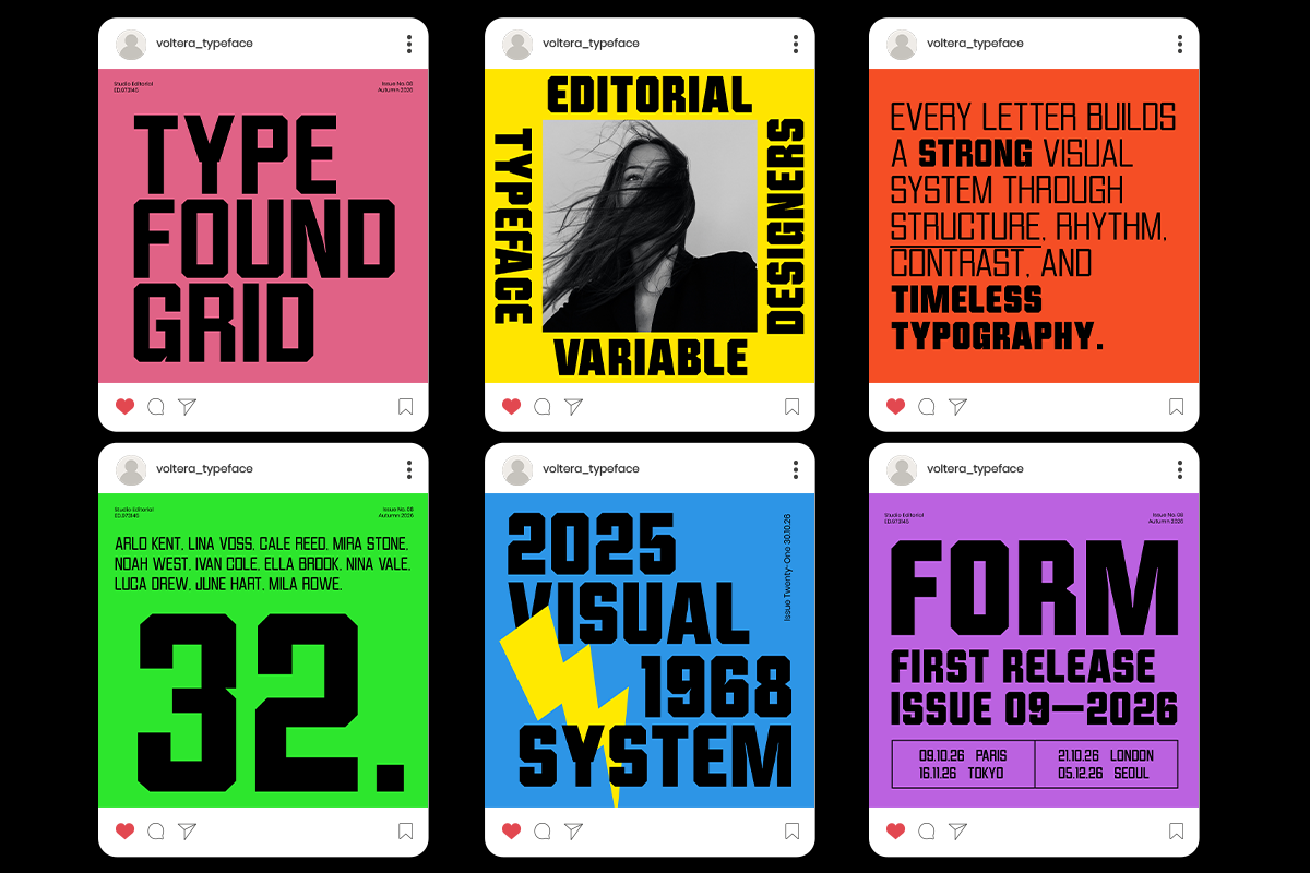 Six bold typography mockups with neon backgrounds in pink, yellow, orange, green, blue, purple showing editorial layouts with type specimens