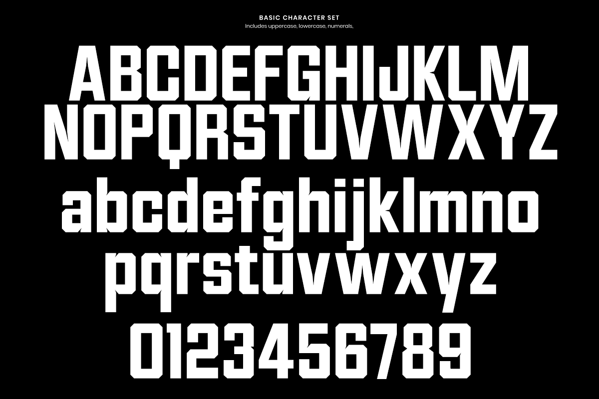 Bold geometric typeface showing uppercase, lowercase letters with numbers on black background