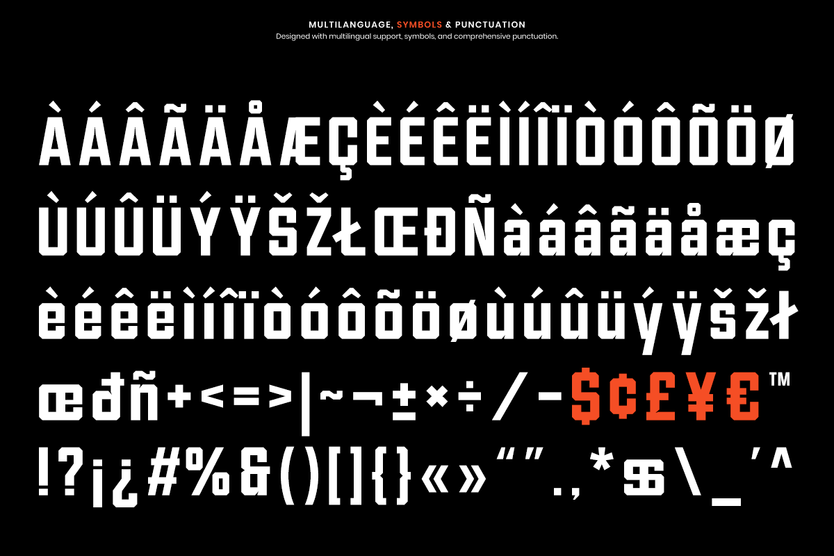 Bold sans serif font specimen showing multilingual characters with accents, symbols, currency marks on black background