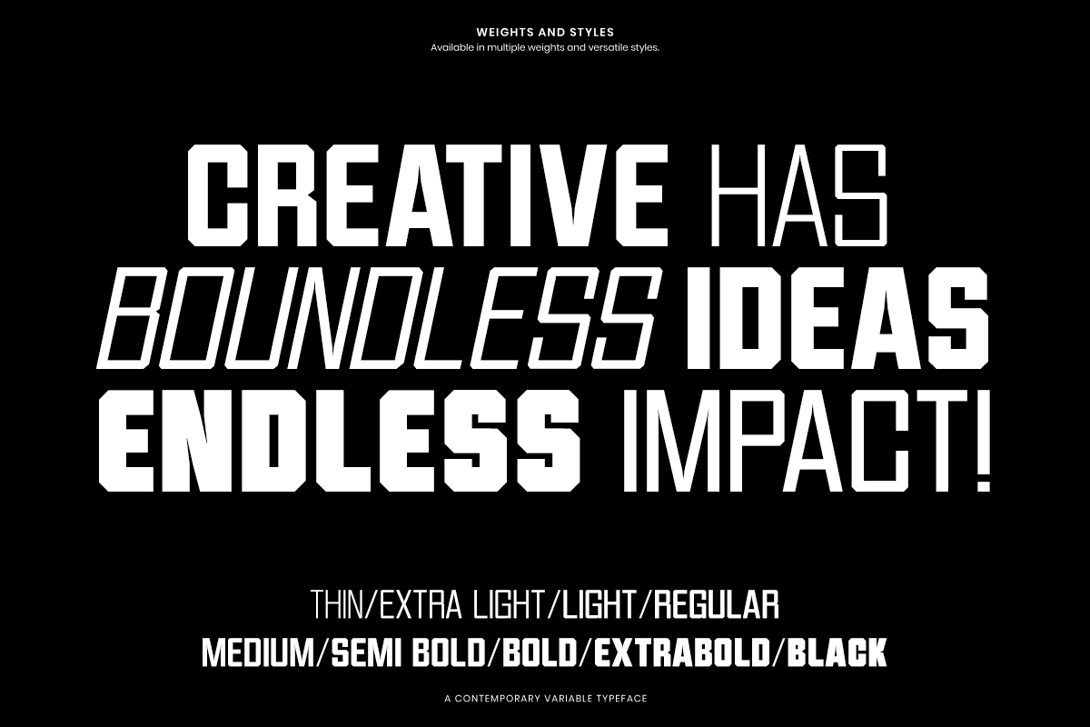 Bold sans serif font displaying multiple weights from thin to black on dark background