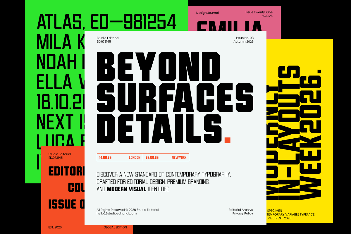 Bold editorial design mockup with neon green, hot pink, yellow, black layouts showcasing modern typography