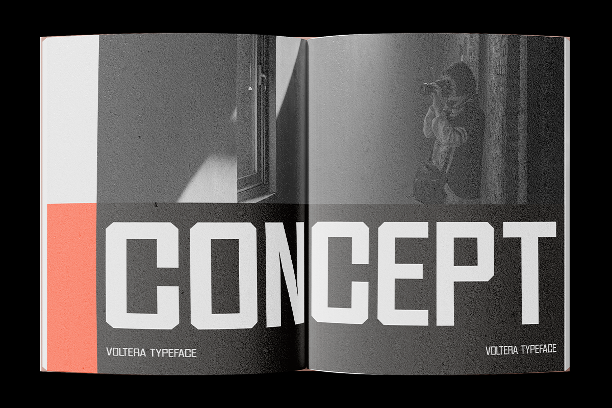 Open magazine spread showing bold white "CONCEPT" text over moody black photography with coral accent stripe on left side