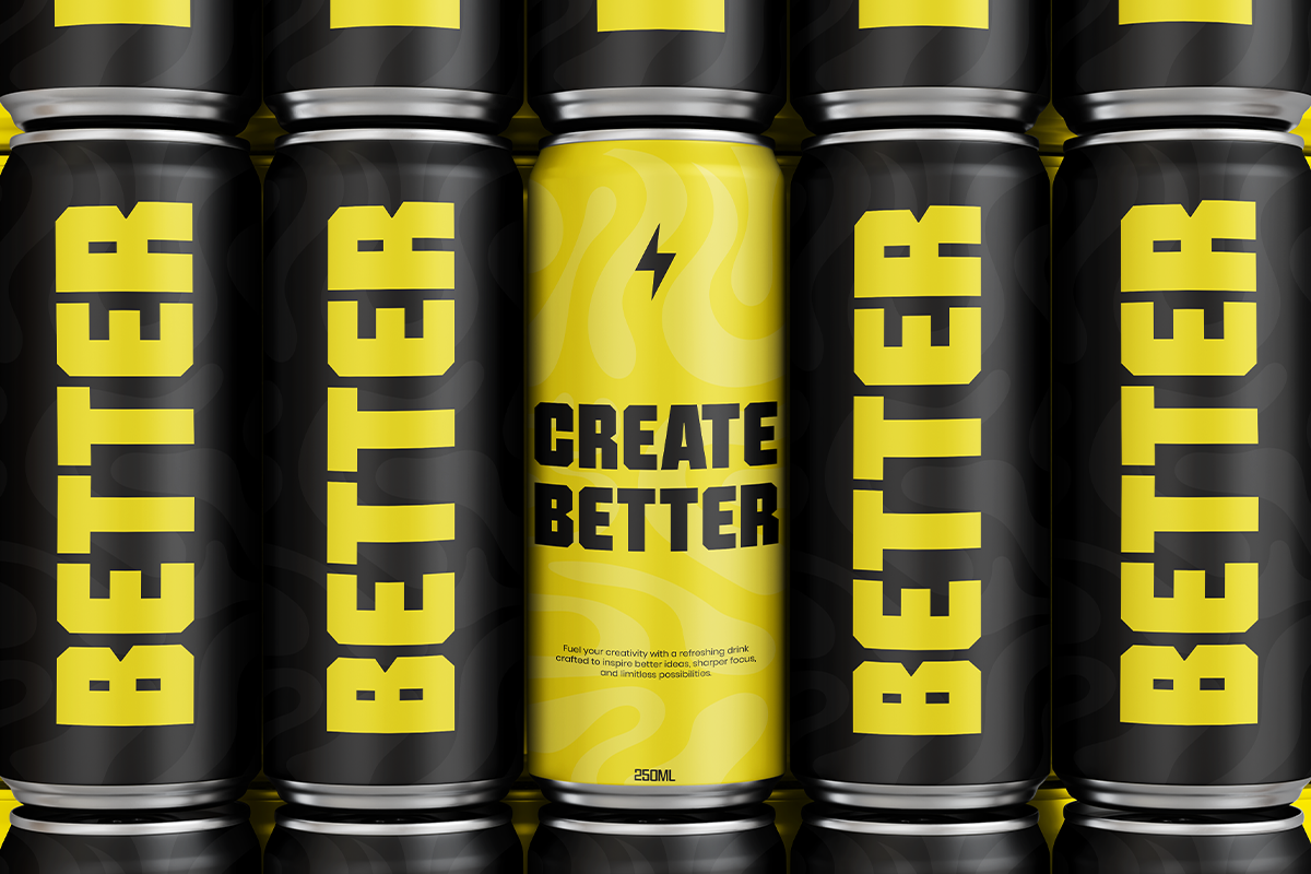 Five energy drink cans with bold yellow branding, center can stands out in bright yellow with lightning bolt logo