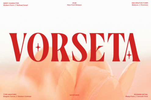 Vorseta serif font in bold red over soft peachy floral background with sparkle accents
