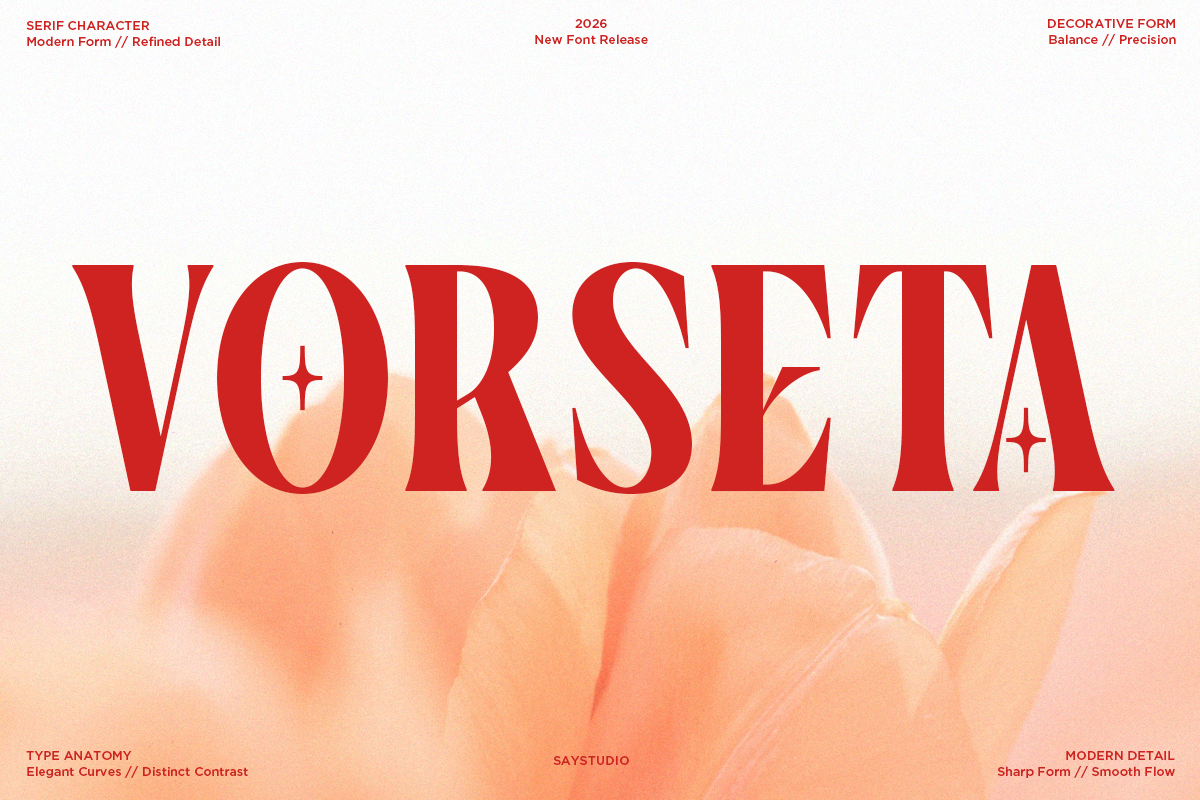 Vorseta serif font in bold red over soft peachy floral background with sparkle accents