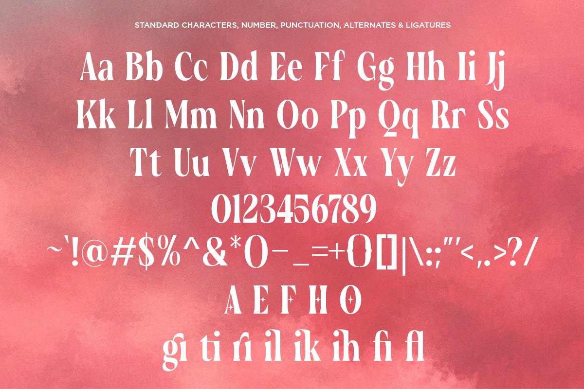 Serif font display showing full character set with numbers, punctuation, alternates on coral pink texture background