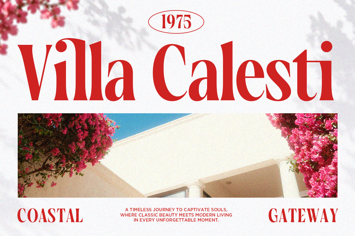 Retro travel poster for Villa Calesti with bright pink bougainvillea, modern architecture, coastal vibes