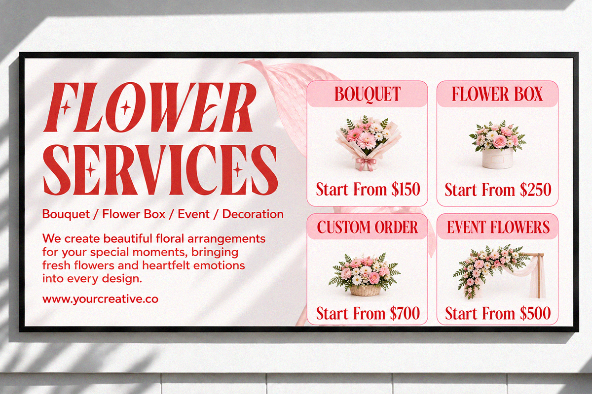 Flower services poster mockup with red typography, four pink price cards showing bouquet, flower box, custom order, event flowers options on white background