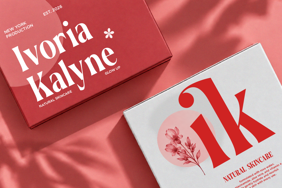 Skincare boxes with bold typography on coral background with dramatic shadows