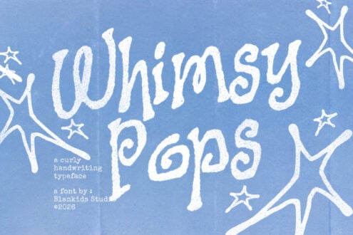 Whimsypass font display with curly handwriting letters, stars, on blue background by Blankids Studio