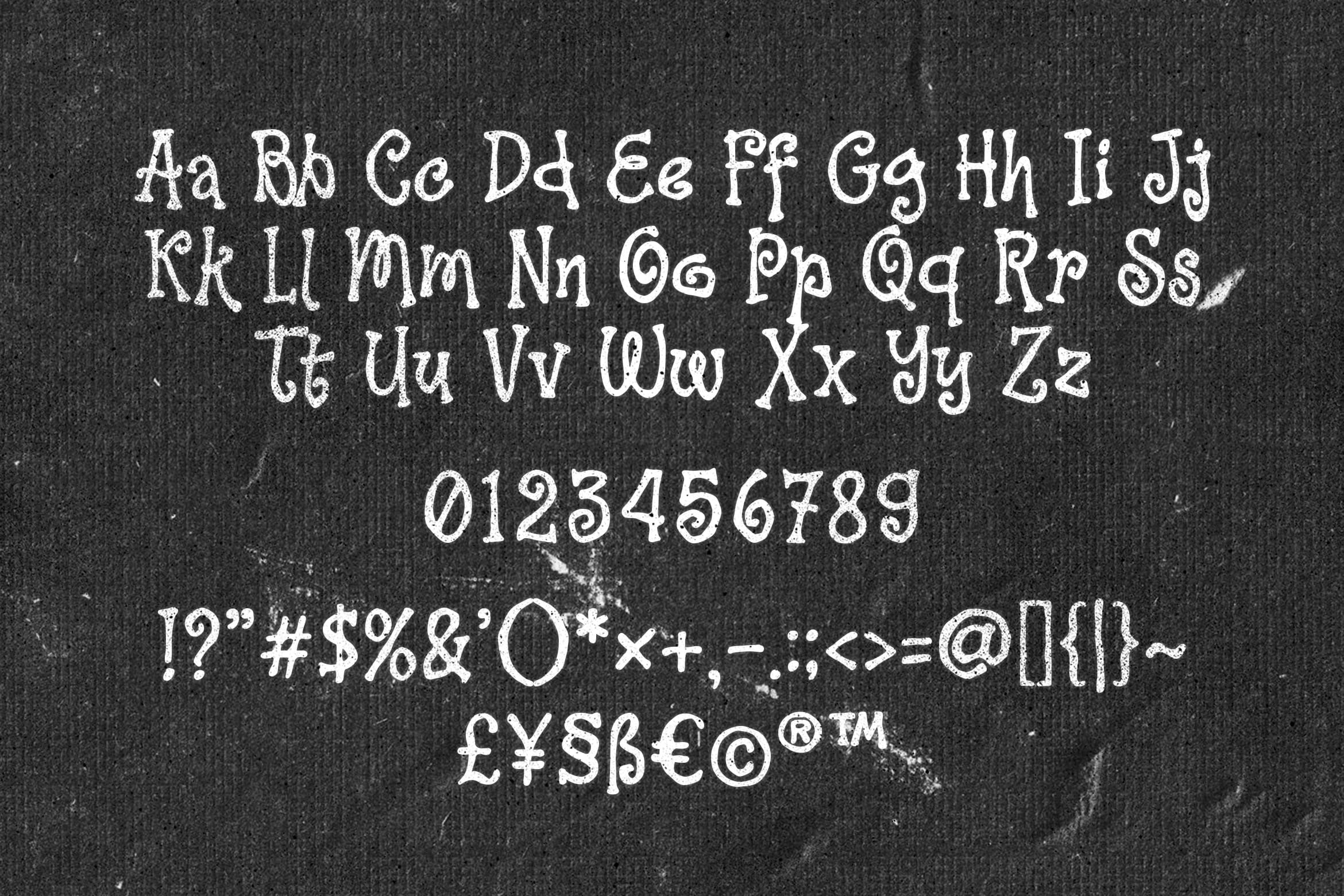 Chalk-style typeface showing full alphabet, numbers, punctuation marks on dark textured background